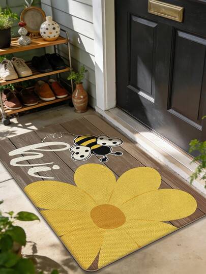 1件卡通蜜蜂图案入户地垫，家用门垫，亚麻质感，可水洗，适用于玄关、阳台、浴室、厨房、卧室等多种场景。