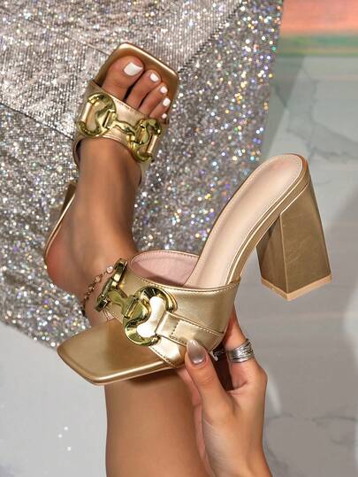 Women's High Heel Mule Shoes, Metallic Elegant Luxurious Party Sexy Wedding PU Leather Square Toe Chunky Heel Mule Slippers, Gold Color Formal High Heel Shoes For Wedding, Party, Spring/Summer