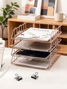 1pc Stacking File Tray, Office Desk Organizer, Letter Rack, Metal Document Holder, Stackable Desktop Storage For Papers And Letters - Multicolor - View 7