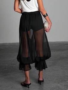 女士时尚休闲泡泡边阔腿裤，纯色梭织面料，轻薄优雅，适合日常和约会穿着，夏季黑色 - 黑色 - 查看 3