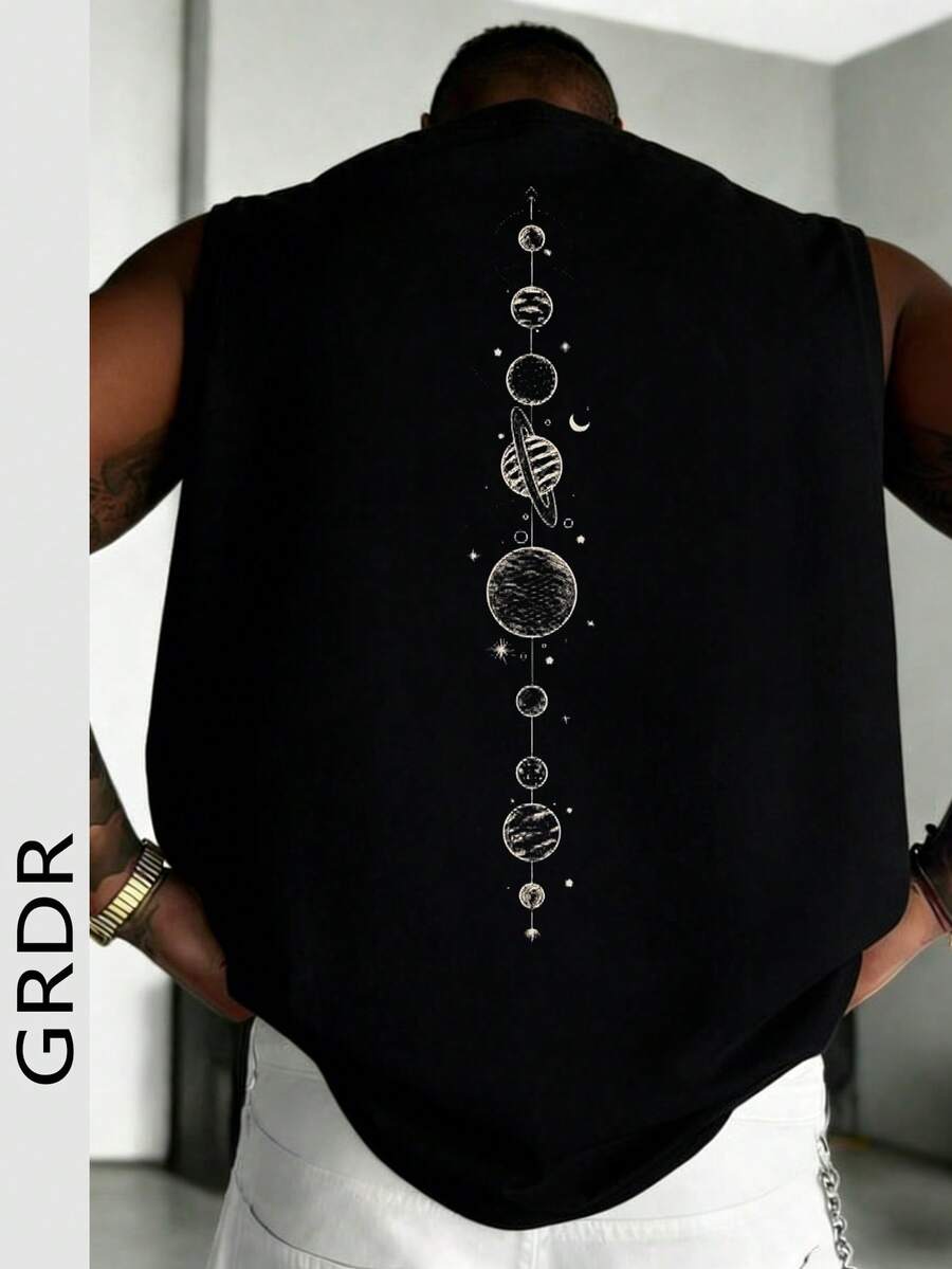 GRDR 男士极简印花休闲宽松圆领背心，百搭夏季街头服饰 - 黑色 - 查看 1
