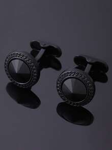 1 par premium runda galvaniserade manschettknappar i svart diamantmetall för män - Multifärgad - Visa 4