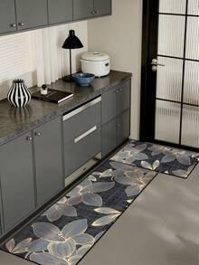 1pc Silica Gel Kitchen Floor Mat, Dark Gray & Black Base Color With Fine Vertical Texture, Decorated With Delicate Golden Lines Outlining Large Magnolia Floral Patterns, Presenting An Elegant New Chinese Style Art, Suitable For Kitchen, Bathroom, Entryway, Laundry Room, Bedroom, Living Room Decor - Multicolor - View 1