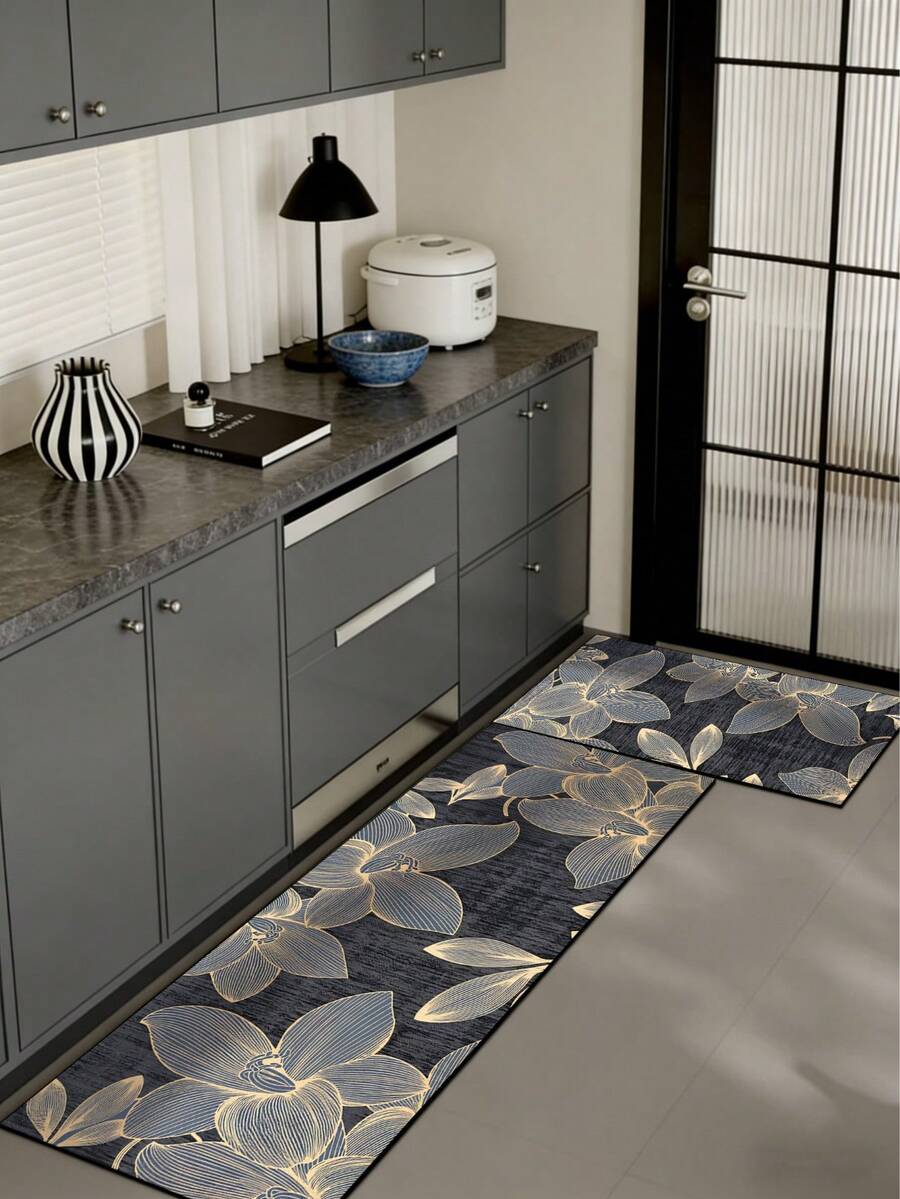 1pc Silica Gel Kitchen Floor Mat, Dark Gray & Black Base Color With Fine Vertical Texture, Decorated With Delicate Golden Lines Outlining Large Magnolia Floral Patterns, Presenting An Elegant New Chinese Style Art, Suitable For Kitchen, Bathroom, Entryway, Laundry Room, Bedroom, Living Room Decor - Multicolor - View 1