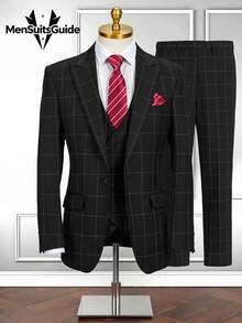 Men's Stripe 3 Piece Suit Set Slim Fit One Button Tuxedo Jacket Vest Pants For Wedding Prom Business & Formal Events - màu đen - Xem 1