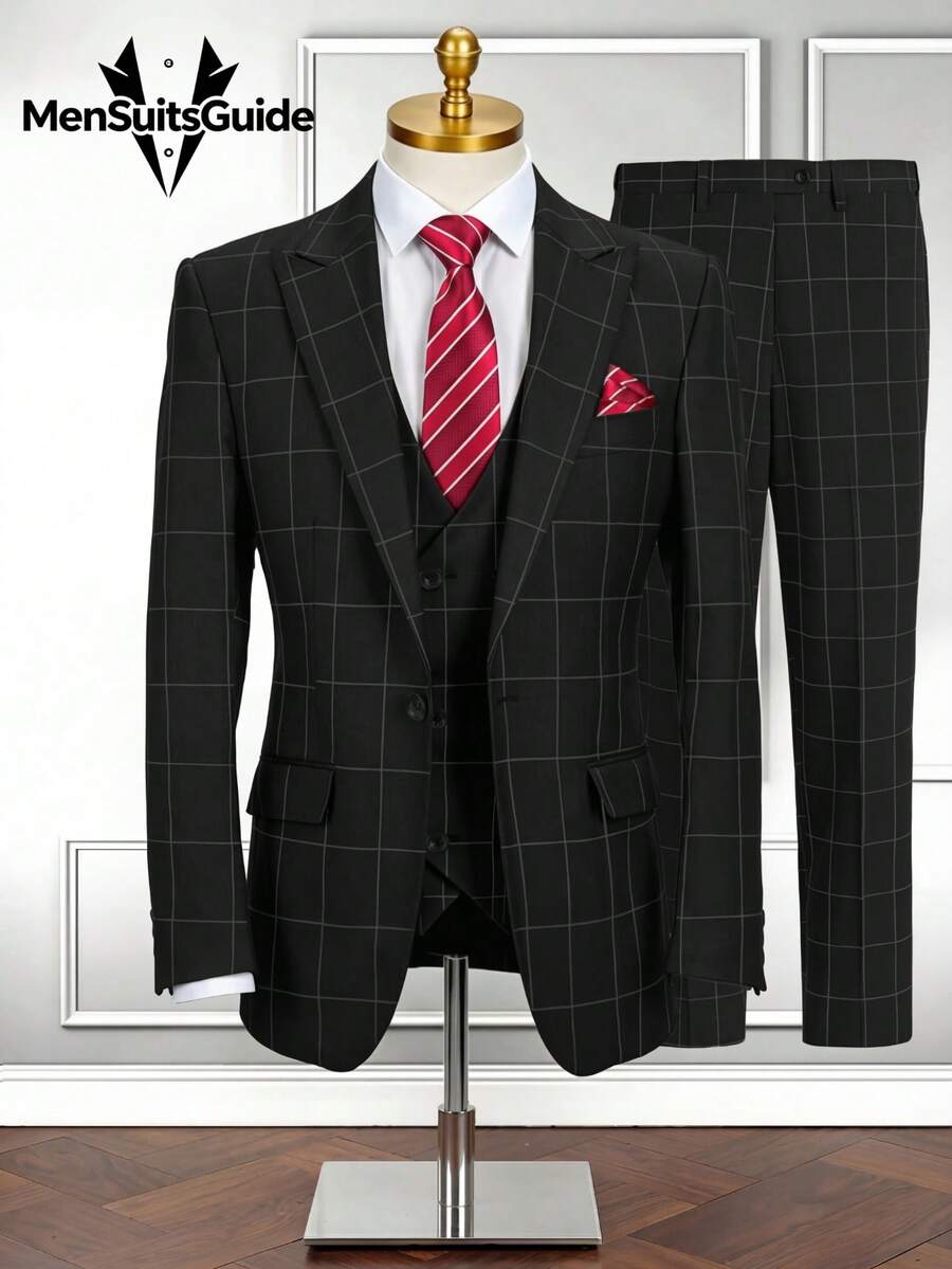 Men's Stripe 3 Piece Suit Set Slim Fit One Button Tuxedo Jacket Vest Pants For Wedding Prom Business & Formal Events - màu đen - Xem 1
