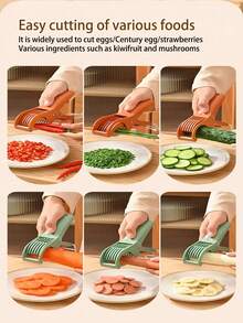 1个不锈钢手动蔬果切片器 - 多功能厨房工具，适用于黄瓜、香蕉、洋葱、沙拉、辣椒等，切片快速均匀，可放入洗碗机清洗，使用方便，是厨房、餐厅、酒店、摊位的理想之选，也是居家必备的厨房工具和烹饪工具，是送给女性和家庭的理想礼物，非常易于使用！！！强烈推荐！！！ - 彩色 - 查看 9