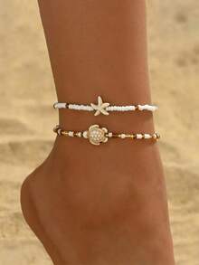 2件套 时尚百搭波西米亚复古沙滩海星海龟脚链套装，适合女性日常、约会、派对和宴会佩戴 - 彩色 - 查看 2