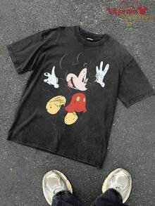 Disney Vintage Washed 230g Casual T-Shirt | Playful  Big Head Fun Cartoon Print Short Sleeve - 黑色 - 查看 2