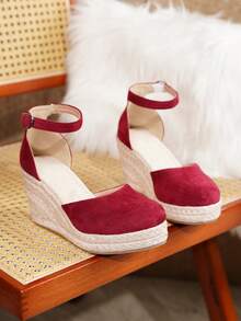 Women's Comfortable Non-Slip Buckle Round Toe Platform Wedge Shoes, Spring/Summer - Burgundy - View 5