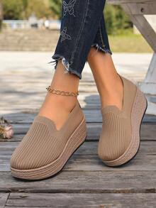 Zapatos de plataforma sin cordones para mujer, zapatos de cuña gruesa de unicolor, zapatos oscilantes cómodos con suela gruesa, zapatos elevadores versátiles de uso casual para todas las estaciones, uso diario de moda (disponibles en varios colores) - Caqui - Ver 5