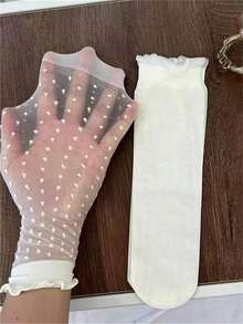 1/3 双装薄款心形、波点和条纹图案袜子，白色中筒袜，适合年轻女性，夏季 - 白色 - 查看 6