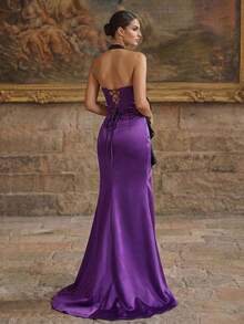 Women's Chic Halter Neck Mermaid Evening Dress Black And Purple Long Sleeveless Formal Gown With Bow Accent - Purple - View 2