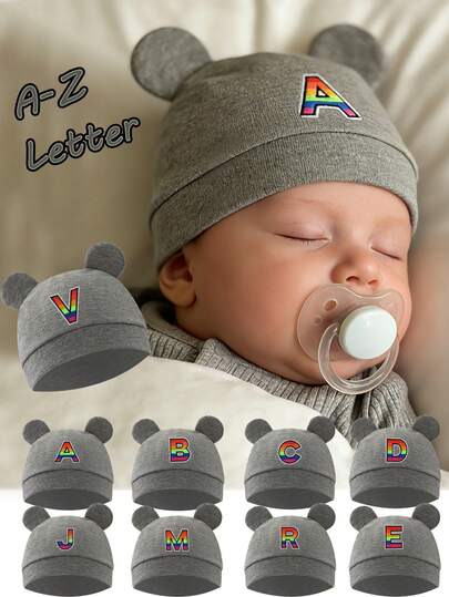 1PC Newborn 3D Bear Ear Alphabet Beanie - Rainbow A-Z Custom Gray Cap Baby Cute Soft Headwrap Infant Solid Color Cap Bonnet Newborn Photography Cap 0-3M