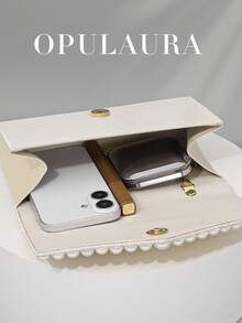 OpulAura 女士优雅缎面仿珍珠手提包，浪漫婚礼手包，精致迷人的晚礼服配饰，褶皱设计，优雅手拿包，适合晚宴、生日派对、节日礼物等正式场合。 - 杏色 - 查看 7