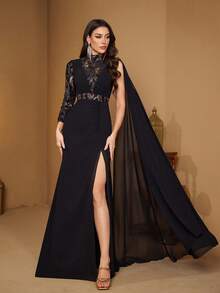 [Random Print] SUPGIR Women's Elegant Spraghetti Strapless Sequin Patchwork Satin Sexy Backless High Slit Maxi Evening Dress - Black - View 3