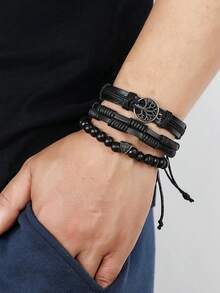 3件套波西米亚风皮革编织生命之树天然虎眼石珠弹力手链 - 彩色 - 查看 3