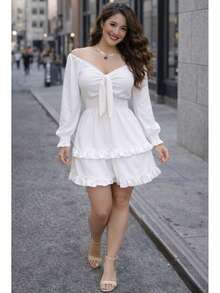 VESTIDO CORTO MANGA LARGA CON RESORTE ESTILO CAMPIRANO DOBLE OLAN TELA CEY. MOD. ELSIE - Blanco - Ver 2