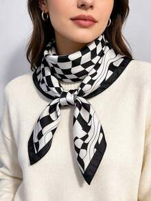 1pc 65*65cm Square Scarf, Women's Satin Silk Imitation Wavy Checkerboard Print, Versatile Neckerchief Headband Shawl - Multicolor - View 4