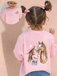 Young Girl Casual Funny Print Crew Neck Short Sleeve T-Shirt, Summer Top - Pink - View 1