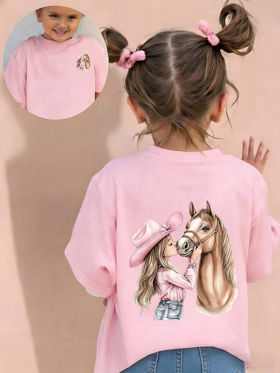 Young Girl Casual Funny Print Crew Neck Short Sleeve T-Shirt, Summer Top - Pink - View 1