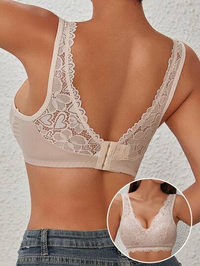 1 buc. Sutien confortabil EssElegance cu dantelă brodată, cu decolteu adânc în V, fără armătură