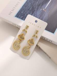 Set de 6-12 piezas de pendientes elegantes con conchas marinas, estrellas de mar y diseños geométricos de metal, accesorios de joyería adecuados para uso diario para mujeres - Dorado - Ver 4