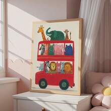 1幅帆布墙画，动物巴士主题儿童房墙画，野生动物园主题儿童房装饰，丛林主题儿童房装饰，红色伦敦巴士艺术印刷品，游戏室海报，婴儿房墙画，婴儿房装饰海报，幼儿园装饰 - 彩色 - 查看 10