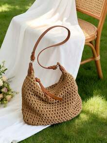 Dedoo 女士钩针编织单肩包，轻便编织沙滩手提包，适合夏季度假 - 卡其色 - 查看 4