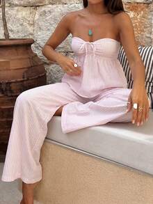 Women's Summer Pink Stripe Cotton Two Pieces Sexy Y2K Smokey Tank Top And Loose Straight Wide Leg Pant Suit For Casual Commuting Vacation - Pink - View 4