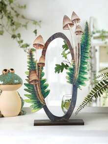 1pc-Bohemian Vintage Fern & Mushroom Print Tabletop Mirror - Decorative Oval Desktop Mirror For Bedroom, Living Room & Home Aesthetic, Blending Practical Functionality With Cozy Ambiance, A Must-Have Decor Piece To Elevate Your Home - Multicolor - View 6
