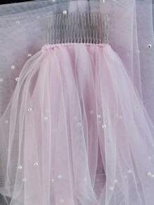1pc Pink Short Pearl Veil, Single Layer Elbow Length With Metal Comb, Bridal Wedding Veil - Multicolor - View 6