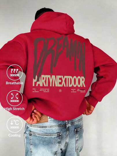 Camvyn 男士字母印花长袖口袋抽绳连帽卫衣，秋冬季休闲款