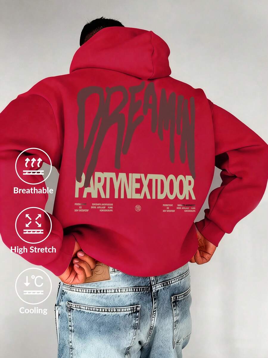 Camvyn Áo hoodie dài tay in chữ dành cho nam, có túi và dây rút, kiểu dáng thường ngày cho mùa thu/đông. - Đỏ - Xem 1