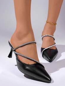 New Pointed Toe Thin Strap Backless High Heel Sandals, Kitten Heel Open Toe, Suitable For Dates, Commuting, Party, Office Wear - Black - View 12