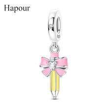 Hapour 粉色蝴蝶结铅笔造型吊坠，适配原装手链项链，925 银细珠 DIY 首饰，送给家人的礼物 - BKTC2077-3 - 查看 1