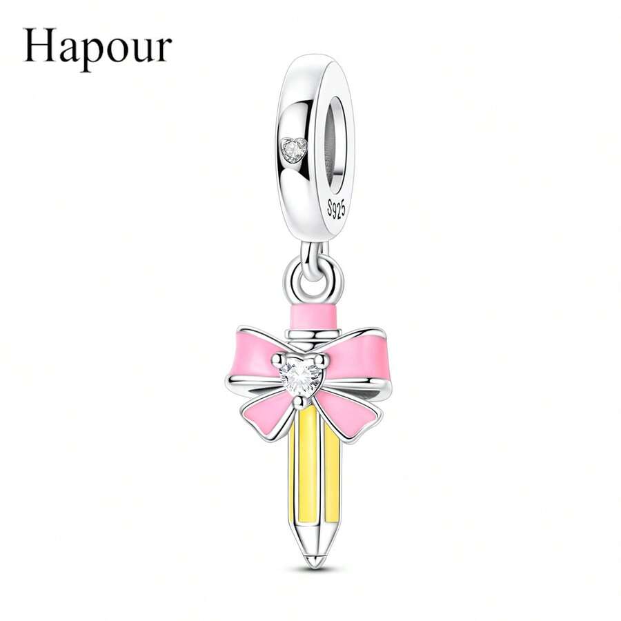 Hapour 粉色蝴蝶结铅笔造型吊坠，适配原装手链项链，925 银细珠 DIY 首饰，送给家人的礼物 - BKTC2077-3 - 查看 1