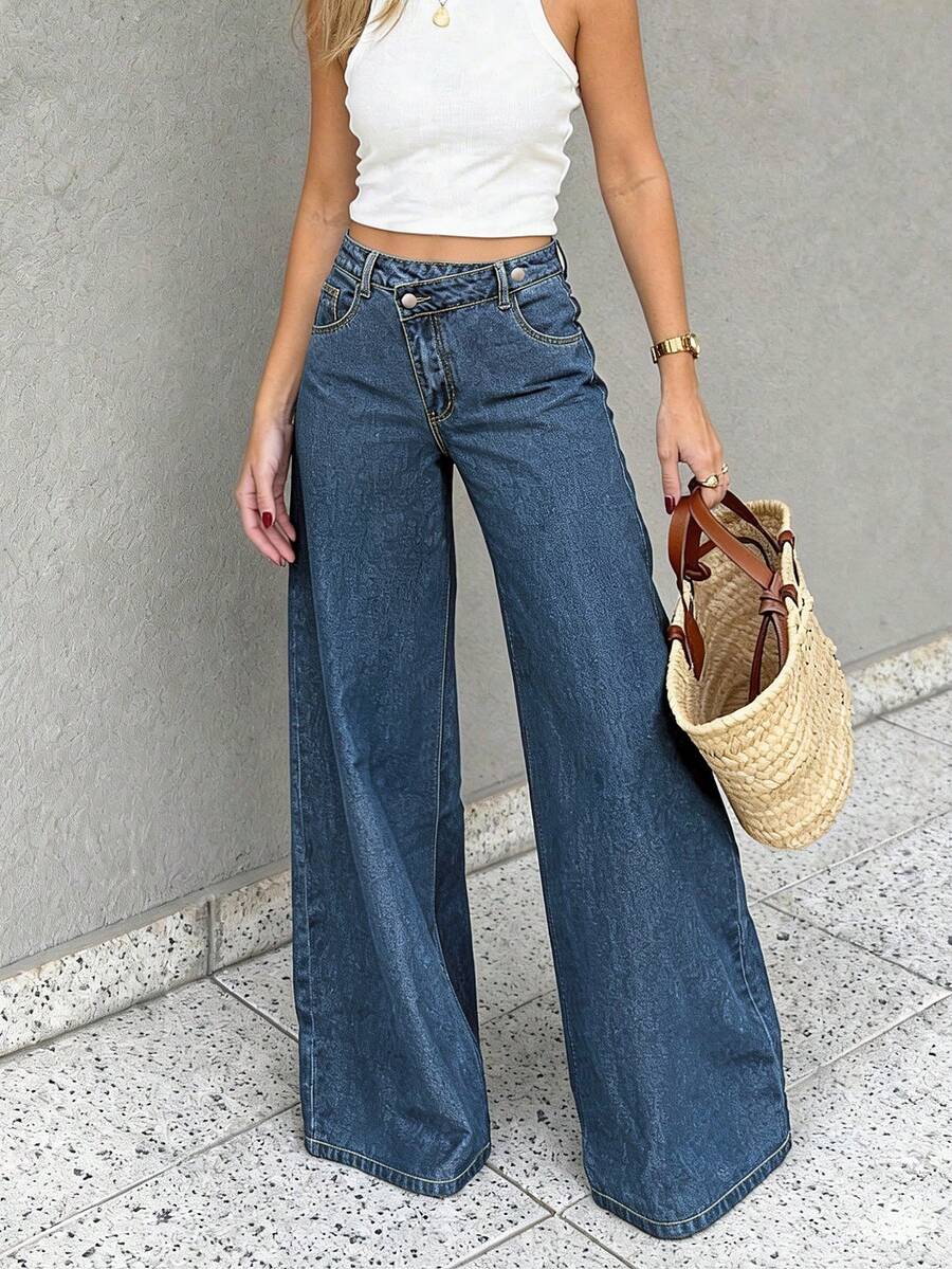 Asymmetrical Vintage American Style Straight Leg Jeans, High Street Design, Commuter Casual Denim Pants For Women Spring - Dark Wash - View 1