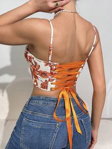 Áo kiểu nữ có dây đeo điều chỉnh được, họa tiết hoa, cổ hình trái tim, thắt eo. - trái cam - Xem 7