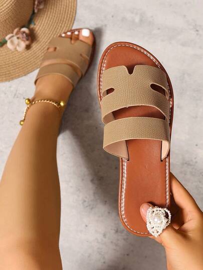 Wide Fit Rhinestone Embellished Comfortable Slippers, Korean Casual Flat Sandals For Women, Open Toe Slides For Spring, Summer, Beach, Casual Wear