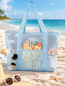 Extra Large Mesh Beach Tote Bag With Side Hook Closures & Multi Pockets, Lightweight Breathable Sandproof Beach Bag For Towels, Swimsuits, Pool, Travel & Summer Vacation - Multicolor - View 2