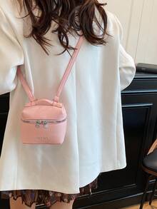 迷你荔枝纹理盒子包，少女手提包/斜挎包，柔软便携口红袋 - 粉色 - 查看 7