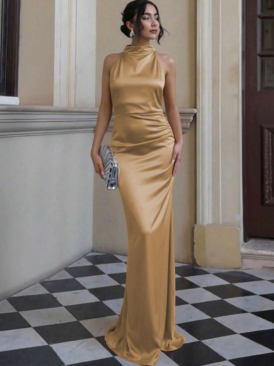 Basrey Rochie de cocktail elegantă nouă pentru femei, cu talie legată, plisată, spate decoltată, tiv în formă de coadă de pește, rochie lungă, potrivită pentru nunți, petreceri, întâlniri, Ziua Îndrăgostiților și alte ocazii