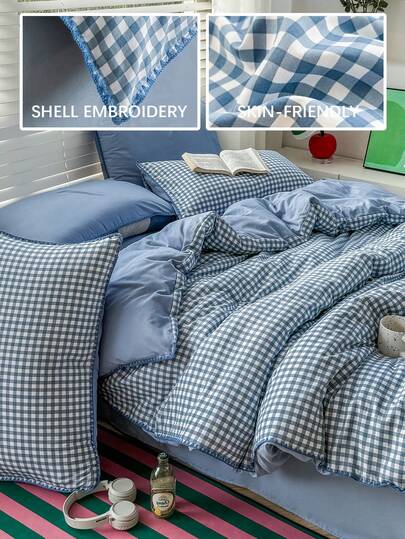 4pcs Embroidered Shell Bedding Set, Soft & Comfortable Bedroom Linens, Minimalist Checkered Pattern, Breathable & Soft All-Season Bedding Set Including 1 Duvet Cover, 1 Flat Sheet, 2 Pillowcases, No Filling, Suitable For Bedroom, Dorm, Home Use, Multiple Sizes Available