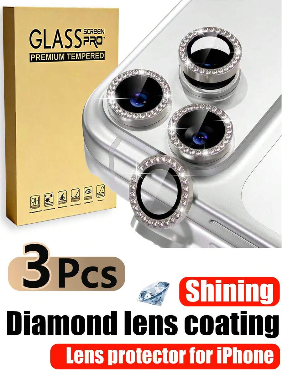 Pelindung Lensa Kamera Berlian Imitasi Paduan Logam 3 buah Kompatibel dengan iPhone 17 Pro/17 Pro Max, Pelindung Lensa Kamera Mengkilap untuk 16 Pro Max/16 Pro/16 Plus/15 Pro Max/15 Pro/15/15 Plus/14 Pro Max/14/14 Pro/14 Plus/13/12/11, Penutup Lensa Kamera Kaca Tempered 9H, Aksesori Cincin Dekoratif Logam Independen, Aksesori Ponsel, Kompatibel dengan Casing Ponsel, Hadiah Ulang Tahun Musim Semi Berlian Imitasi Logam Titanium Alami - Perak - View 1