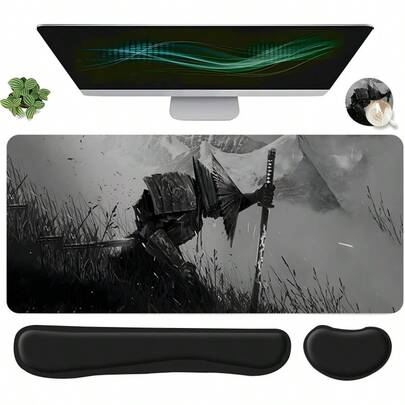 4pcs Cool Black And White Samurai Design Mouse Pad + Keyboard Wrist Rest + Ergonomic Mouse Pad + Coaster Set For Desktop Decoration, Office Accessories Set Ergonomic Wrist Support, Computer Mat Mouse Pad Coaster Suitable For Home Office Gaming