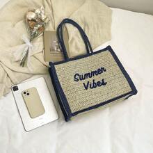 时尚休闲百搭纯色度假旅行购物大容量草编手提单肩包 - 藍色 - 查看 6