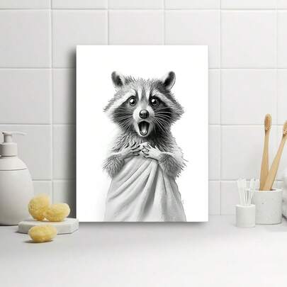 1 pieza Obra de arte de pared de baño Mapache Albornoz Toalla Póster y Impresión Divertidos, Arte de Animales de Baño para Niños Decoración de Baño sin Marco