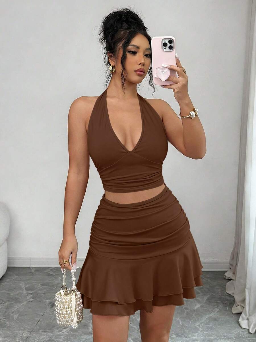 abyoxi Women's Brown Sexy Deep V-Neck Side Ruched Backless Spaghetti Strap Lace-Up Crop Top With Ruffle Mini Skirt And Shorts 2pcs Set, Elegant Casual Summer - Brown - View 1