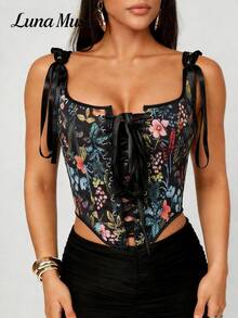 Luna Muse 新款女士黑色丝绒吊带复古束身胸衣，复古方领前系带露脐抹胸上衣，无袖，适合通勤、休闲、街头风、夜店、度假、返校、朋克风、感恩节、音乐节、情人节、新年等场合，可搭配迷你裙，复古风格 - 彩色 - 查看 3